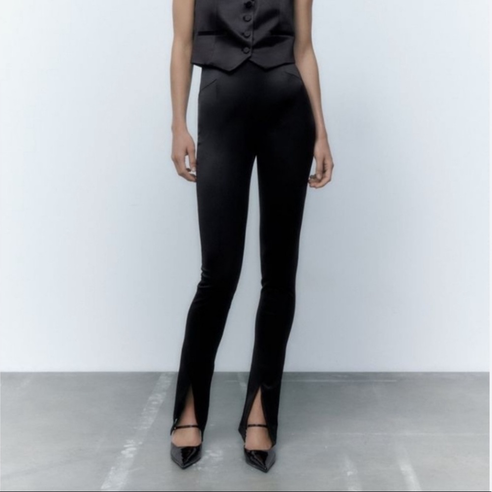 Zara black satin effect high rise slit pants Large